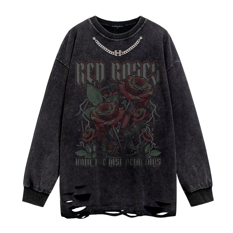 Abbigliamento da uomo Catena ornamento colore fiore stampa alfabeto acqua di lavaggio nero felpa con cappuccio casual per uomini e donne_voghion.com