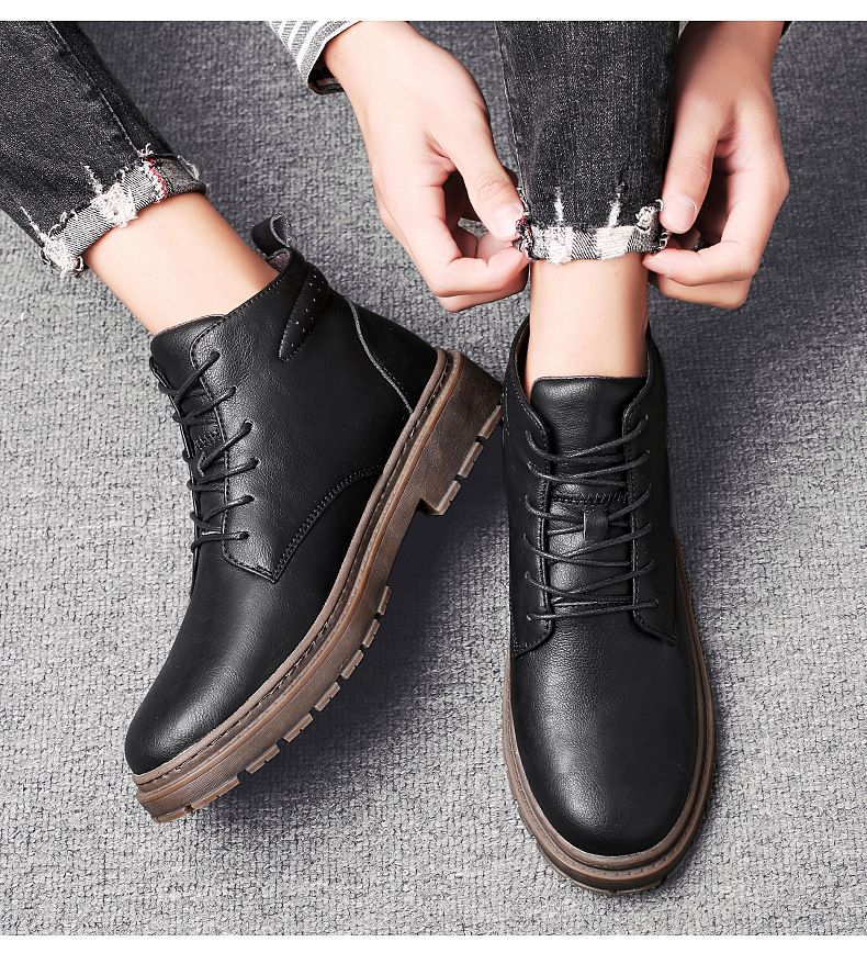 Casual Martin Boots Men's Shoes Fleece Medium Top Black High Top Tooling Boots_voghion.com