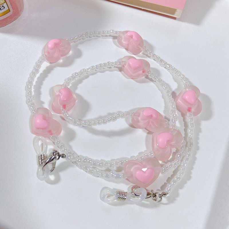 Catena per occhiali a forma di cuore rosa, stile coreano e giapponese, con perline color crema perlescente, morbida e dolce, fai da te._voghion.com