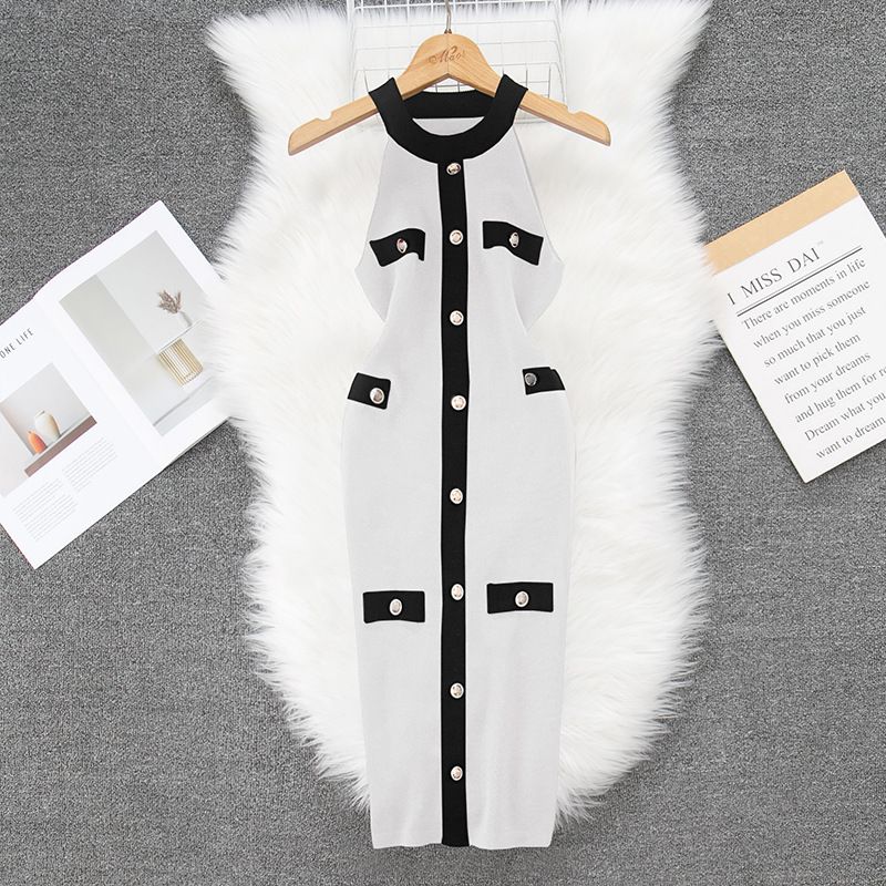 Women's Summer Sleeveless Knit Bodycon Dress - High Waist Wrap Neck Slim Fit Stretchy Casual Office Wear - Black & White_voghion.com