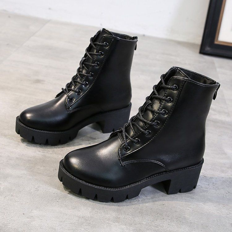 Factory Direct Supply Autumn Winter New Women's 2020 Round Toe Non-Slip Lace-Up Mid-Calf Chunky Heel Back Zipper Martin_voghion.com