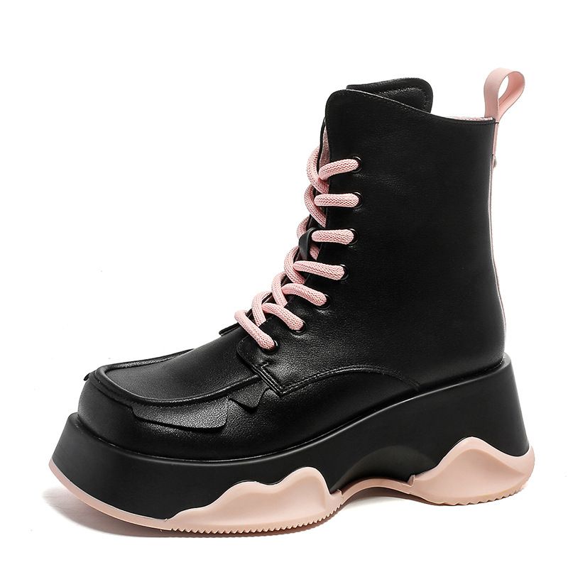 P Herfst en winter Nieuwe Britse stijl laarzen met vierkante neus Muffin Dikke bodem Middellange buis Korte zijrits Hak Martin Women_voghion.com