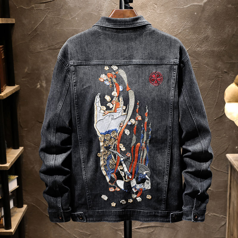 Herrenbekleidung, bestickte Jeansjacke, bestickte schwarze Stretch-Hipsterjacke für Herren_voghion.com