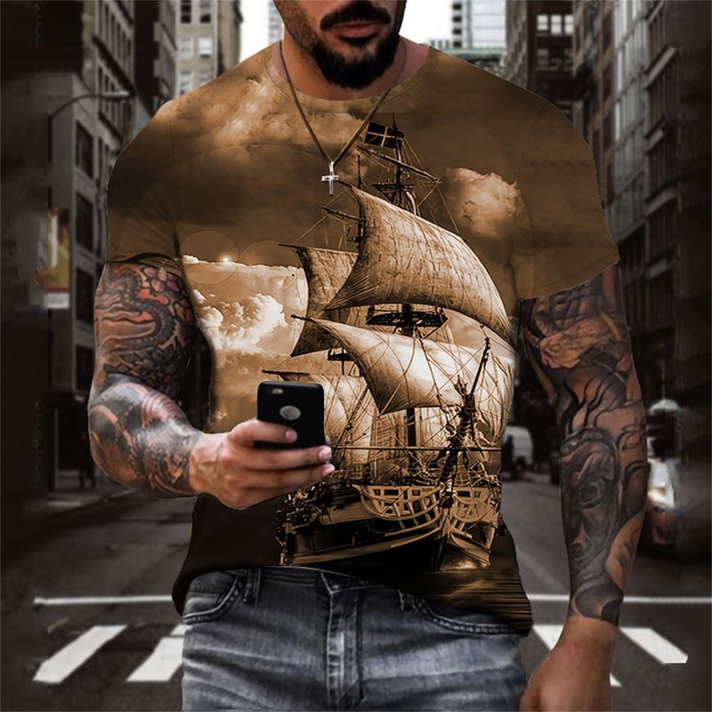 2023 Grenzüberschreitender neuer Sommer-3D-Digitaldruck, cooles lässiges, lockeres Kurzarm-T-Shirt für Herren_voghion.com