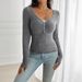 Damen Y2K Button-Down V-Ausschnitt Langarm Strickoberteile - Slim Fit Dehnbare Bequeme Freizeitbluse für Herbst Winter_voghion.com