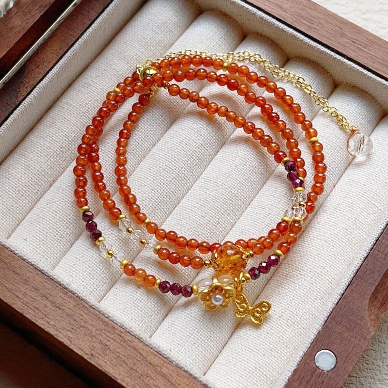 Natural Orange Garnet Three-circle Bracelet Necklace Beeswax Amber Garnet Cut, Mini Multi-circle Crystal_voghion.com