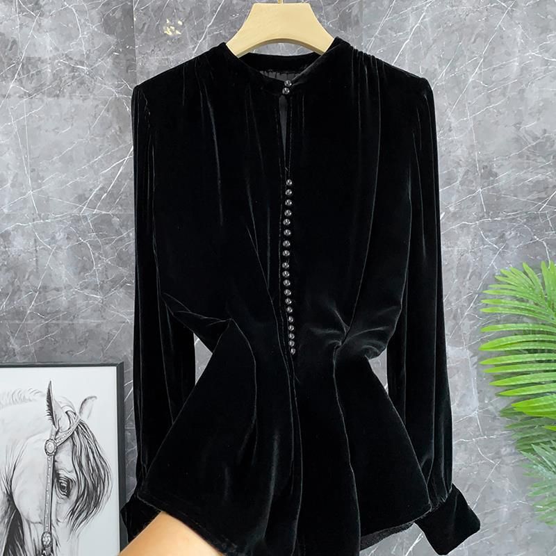 Women's collar beaded imitation silk velvet long-sleeved top shirt_voghion.com