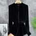 Women's collar beaded imitation silk velvet long-sleeved top shirt_voghion.com