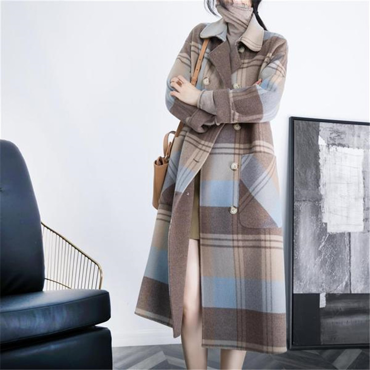 Damenbekleidung Karierter Wollmantel für Damen, Overknee-Zweireiher, große Taschen, lockere, mittellange Manteljacke_voghion.com