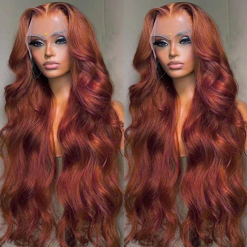 Neue vordere Spitzeperücke braun rot langes lockiges Haar Highlight Red Body Wave Perücken_voghion.com