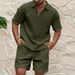 2024 Summer New Men's Casual Trendy Fashion Comfortable Waffle Solid Color Turn-down Collar Shirt Sports Set_voghion.com
