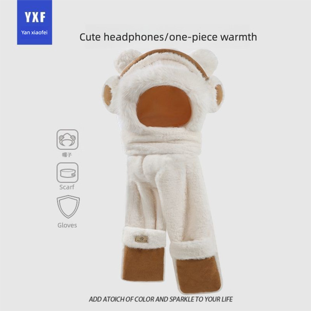 Simpatico set di cuffie in peluche con sciarpa a forma di orso per donne, cappello invernale da ciclismo e sci, spesso, caldo, antivento e antifreddo_voghion.com