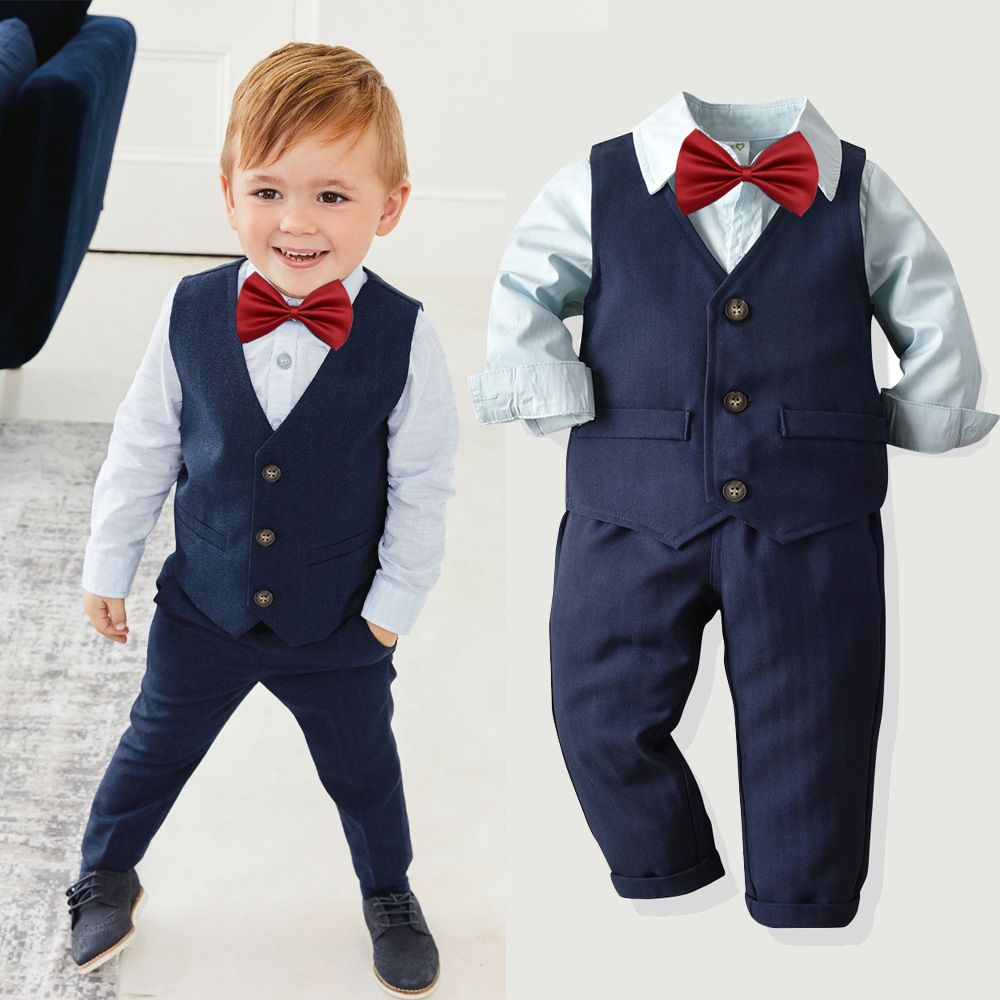 Vêtements pour bébé garçon, costume à la mode pour homme, chemise avec nœud papillon, gilet, ensemble multi-pièces_voghion.com