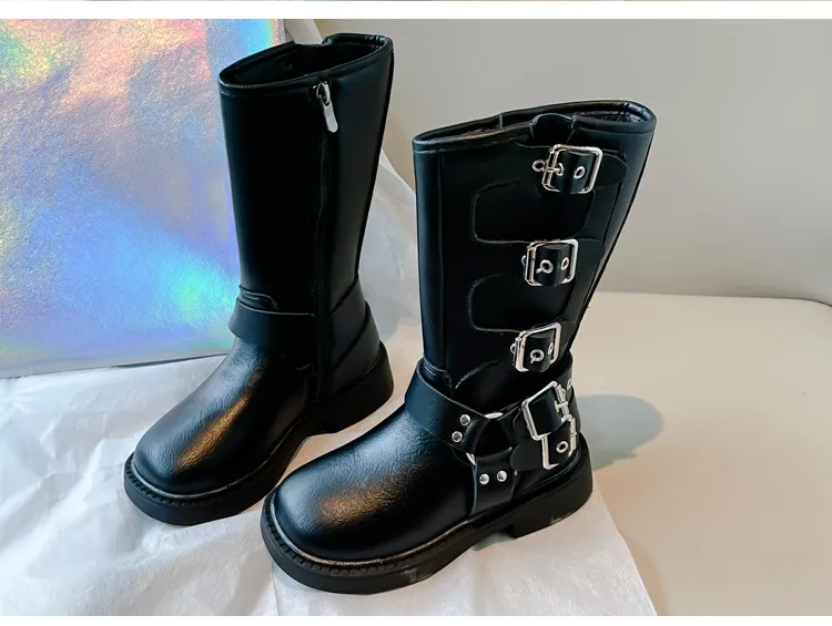 Kids' shoes Children's Martin boots 2024 autumn and winter new style baby girl fashion metal buckle high boots retro genuine leather Martin_voghion.com