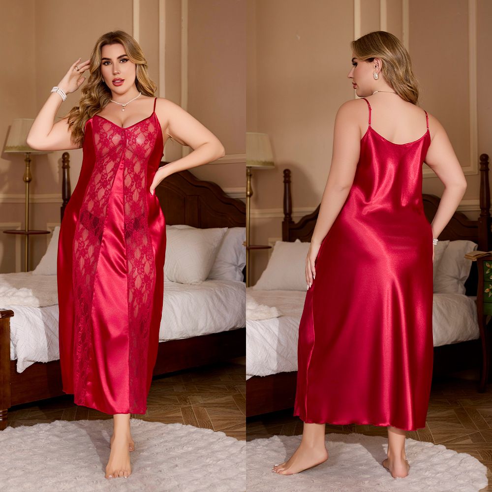 Satin-Nachthemd in Übergröße mit Spitzenbesatz – Langes, fließendes Nachthemd mit atmungsaktivem Tragekomfort für Damen_voghion.com