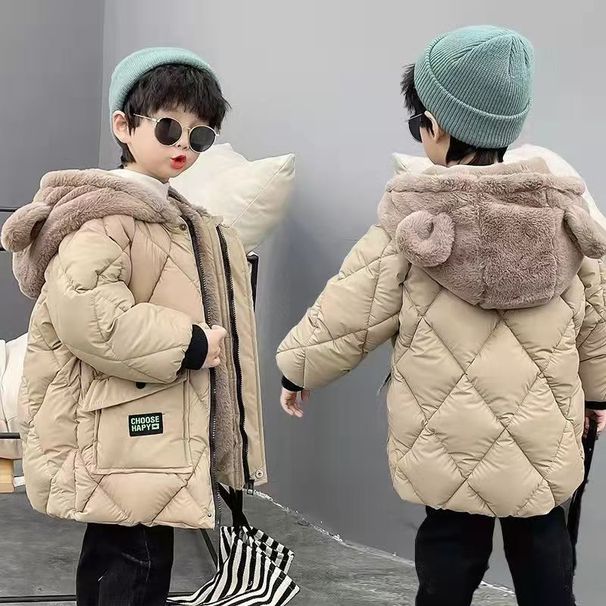 Boys' Plush-Lined Winter Jacket With Bear Ears - Warm Cotton Padded Coat For 3-7 Year Olds (Khaki/Black) - Korean Style_voghion.com