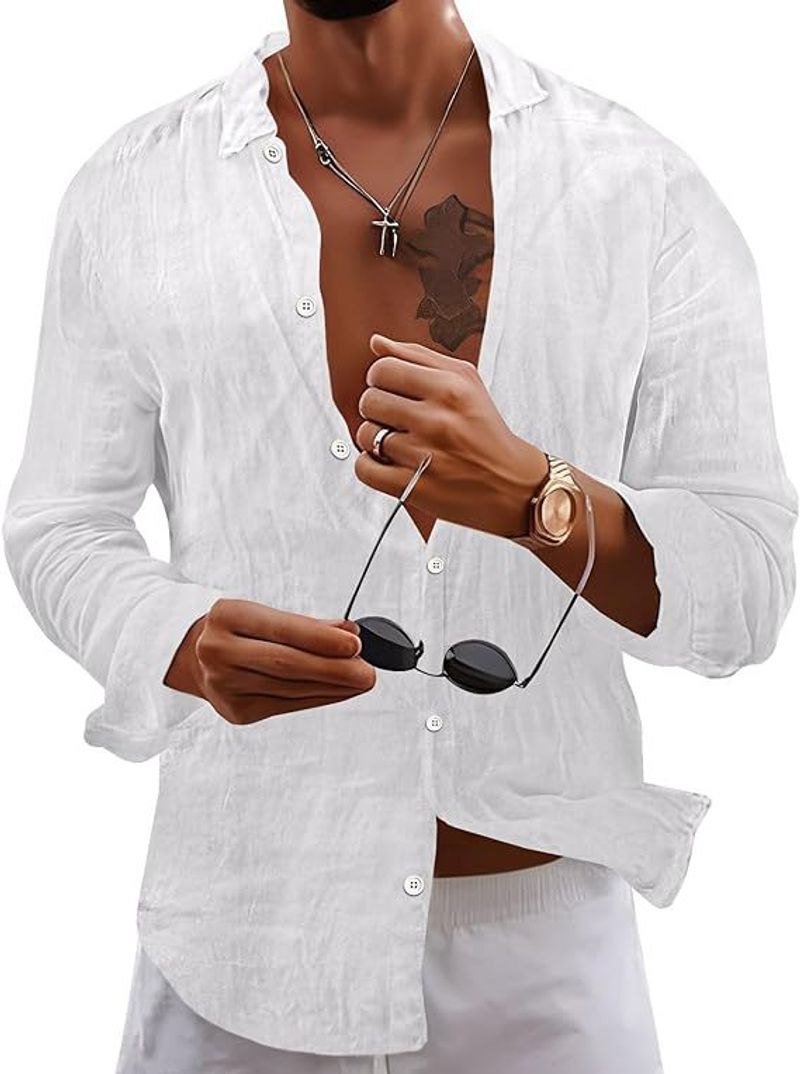 New Men's Large Solid Linen Youth Home Casual Fashion Shirt Top_voghion.com