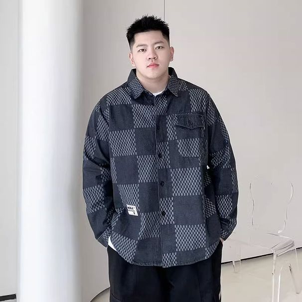 Camicia a maniche lunghe a scacchiera taglie forti da uomo, ampia, casual, versatile, da lavoro, giacca in denim_voghion.com