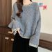 girl Lazy Long Sleeve Loose Slimming Top For Women, Fashionable Rhinestone Round Neck Pullover, Solid Color Simple Knitted_voghion.com