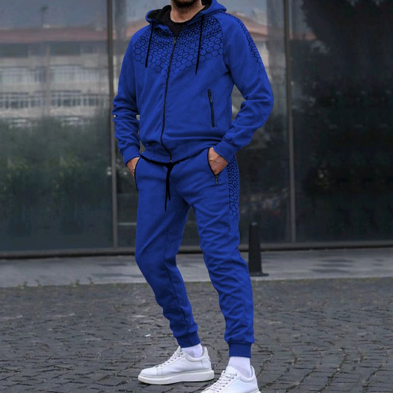 tumn Giacca cardigan con cappuccio con cerniera da uomo, stampa a nido d'ape, pantaloni casual in maglione, set Spot_voghion.com