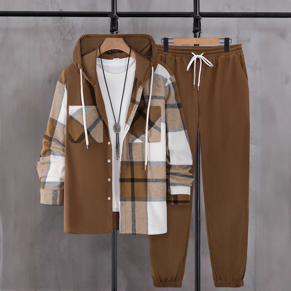 Men's Corduroy Hooded Two-Piece Set – Stylish Contrast Checkered Hoodie & Pants For Spring/Autumn (S-XXL)_voghion.com