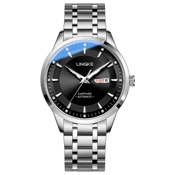 Men's Automatic Mechanical Watch With Dual Calendar, Luminous Hands, Sapphire Crystal, And 30M Water Resistance - Stainless Steel Band, Business Style_voghion.com