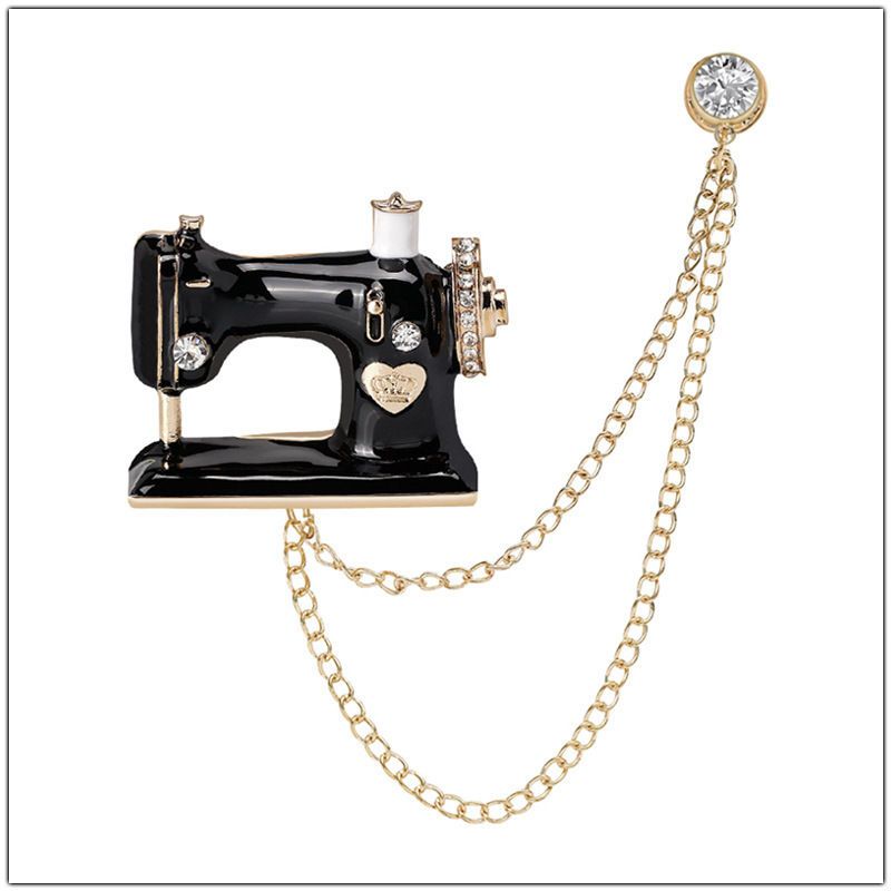 Spilla a forma di macchina da cucire, personalizzata, tempestata di diamanti, con gocce d'olio, catena con nappa a doppio strato, per il petto_voghion.com