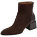 New Autumn Winter Wo's Square Toe Simple Patchwork Brown Chunky Martin Suede Mid Heel Back Zipper Short Boots For_voghion.com