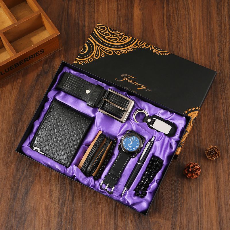 Father's Day Gift Set Men's Gift Watch Wallet Belt Bracelet Keychain Rosary Pen Gift Box_voghion.com
