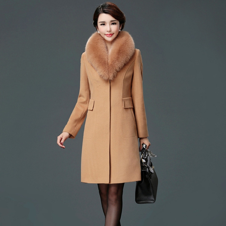 Damenmantel aus Wolle, langer Trenchcoat aus Wolle mit Pelzkragen_voghion.com