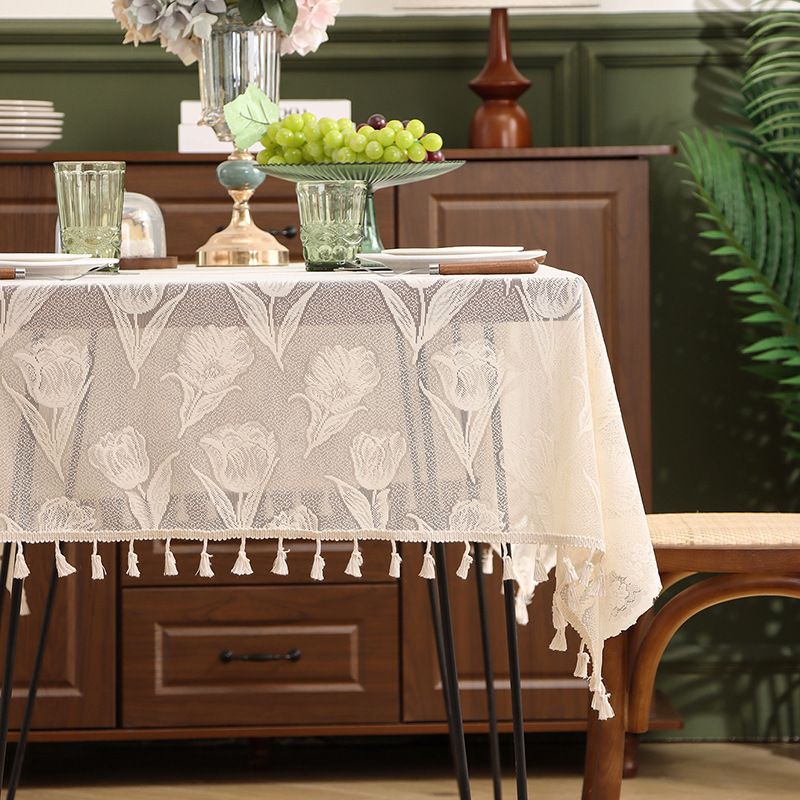 Tovaglia estiva in jacquard con motivo a tulipani, tovaglia in pizzo beige, elegante tavolo da pranzo e scrivania_voghion.com