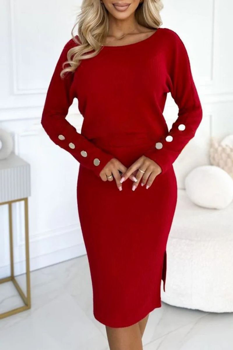 Damenbekleidung im neuen Stil_Herbst und Winter, Rundhalsausschnitt, Pit Button, verziertes Oberteil, One-Step-Rock-Set_voghion.com