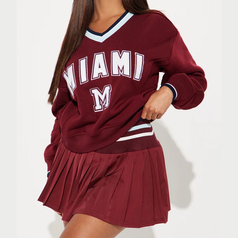 Damenbekleidung Buchstabendruck V-Ausschnitt Langarmpullover Elastischer Faltenrock Anzug_voghion.com