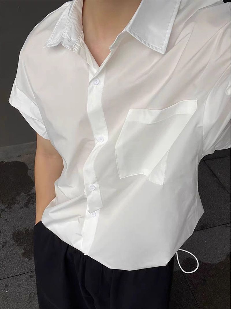 Men's Linen-Look Short Sleeve Shirt – Breathable Polyester Casual Button-Up With Drawstring & Pocket (White/Black/Khaki, M-XXXL)_voghion.com