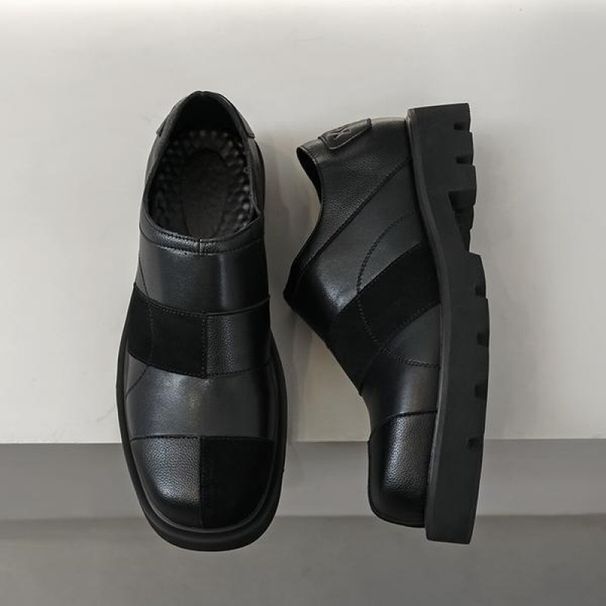 Mocassins en cuir patchwork à bout carré, adaptés à toutes les saisons, chaussures d'été respirantes pour hommes_voghion.com