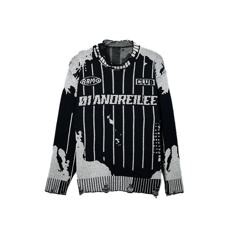 YWFG Men's Vintage Color Block Striped Sweater Oversized Distressed Knit Pullover Casual Long Sleeve Crewneck_voghion.com