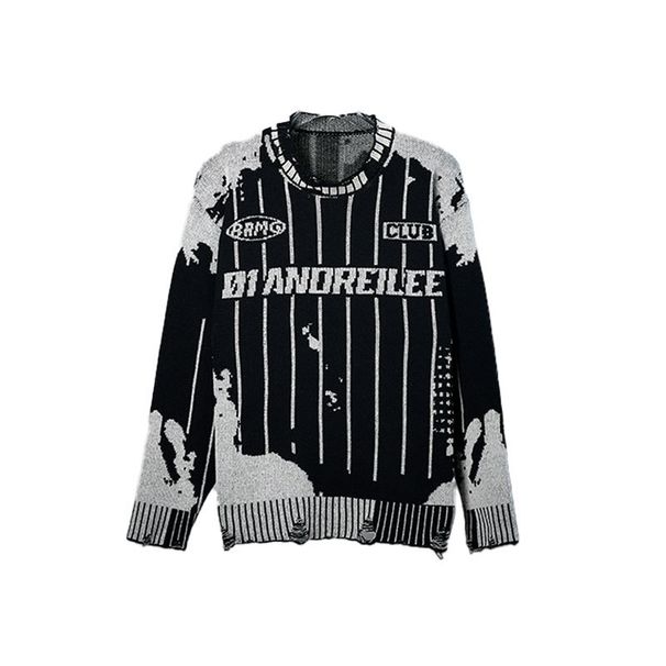 YWFG Men's Vintage Color Block Striped Sweater Oversized Distressed Knit Pullover Casual Long Sleeve Crewneck_voghion.com