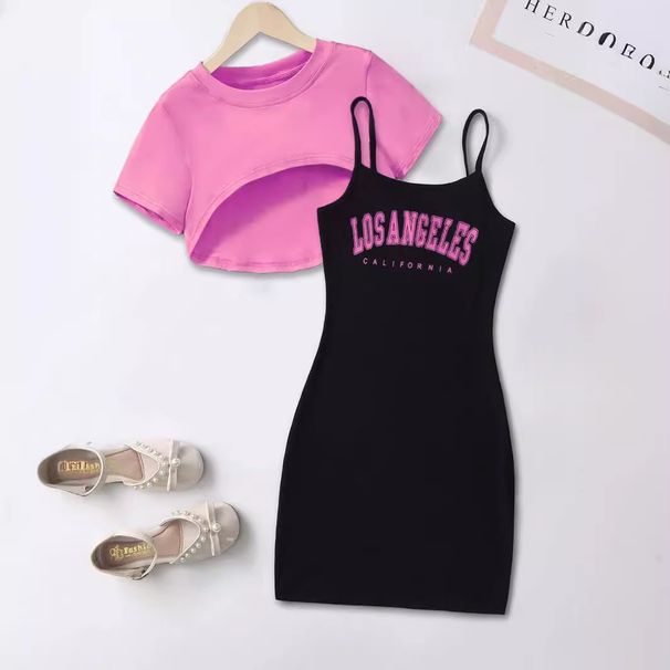 Mutter & Kinder Mädchen brief drucken hosenträger schlanke schwarzen rock rosa lila kurzen pullover kleine jacke zwei-stück anzug_voghion.com