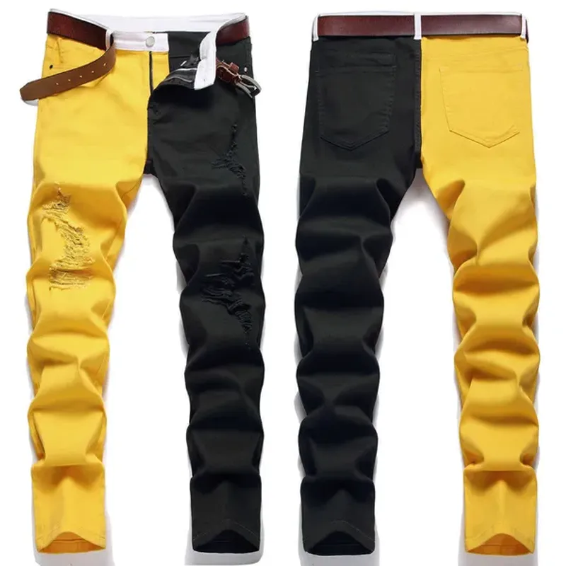 Herrenjeans Neue Herrenjeans 2021 Amerikanischer Stil Mode Zweifarbige Blau-Schwarz-Trend-Stretch-Jeanshose Denim_voghion.com
