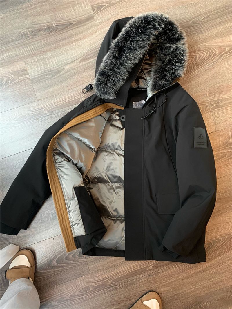 Men's Clothing Store 2K+ 90 goose Silk cotton fox fur collar winter men's thick warm solid color casual hooded Silk cotton jacket_voghion.com
