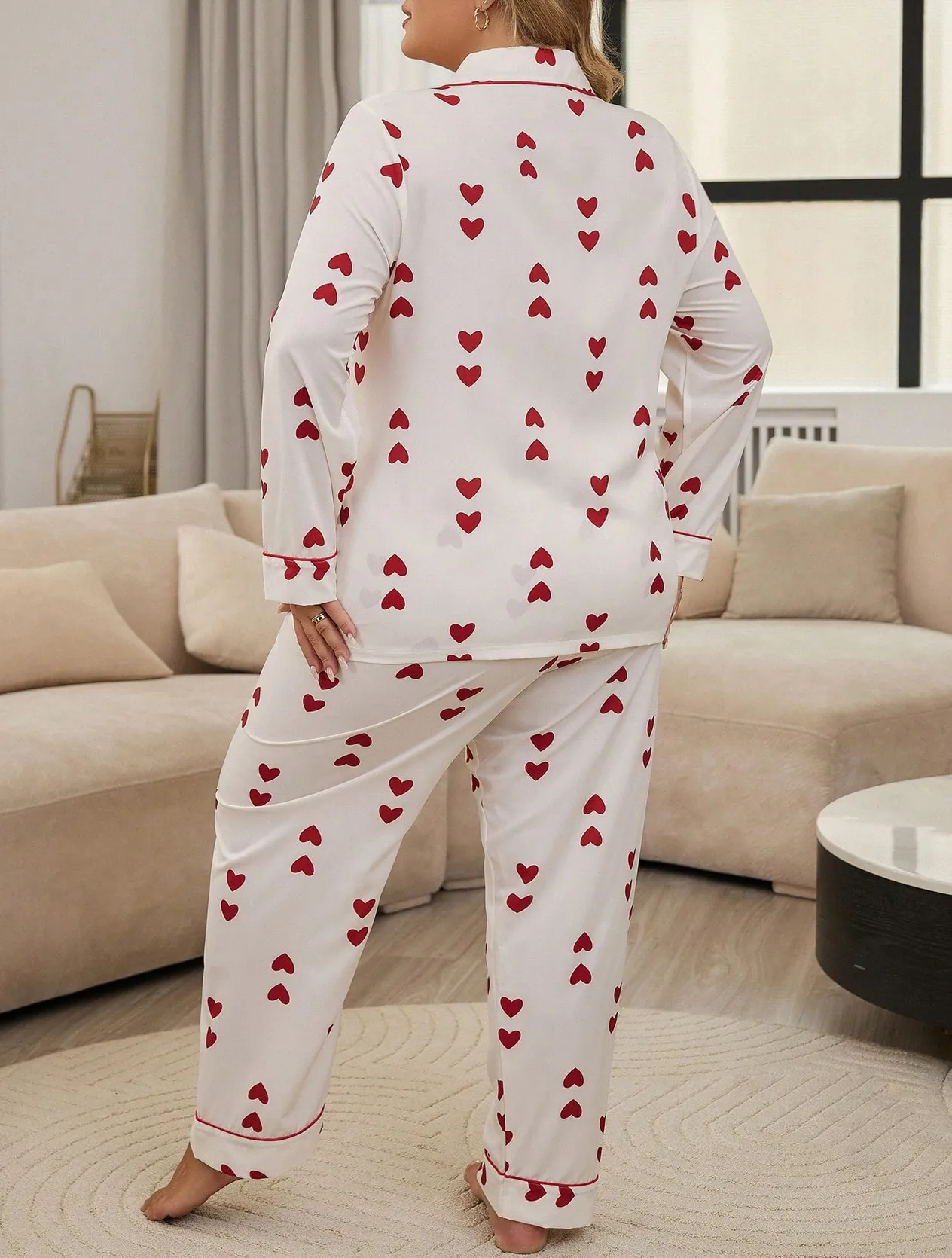 Large pajamas, new waffle style cardigan, long sleeved pants, heart-shaped sweet home suit set, can be worn outside_voghion.com