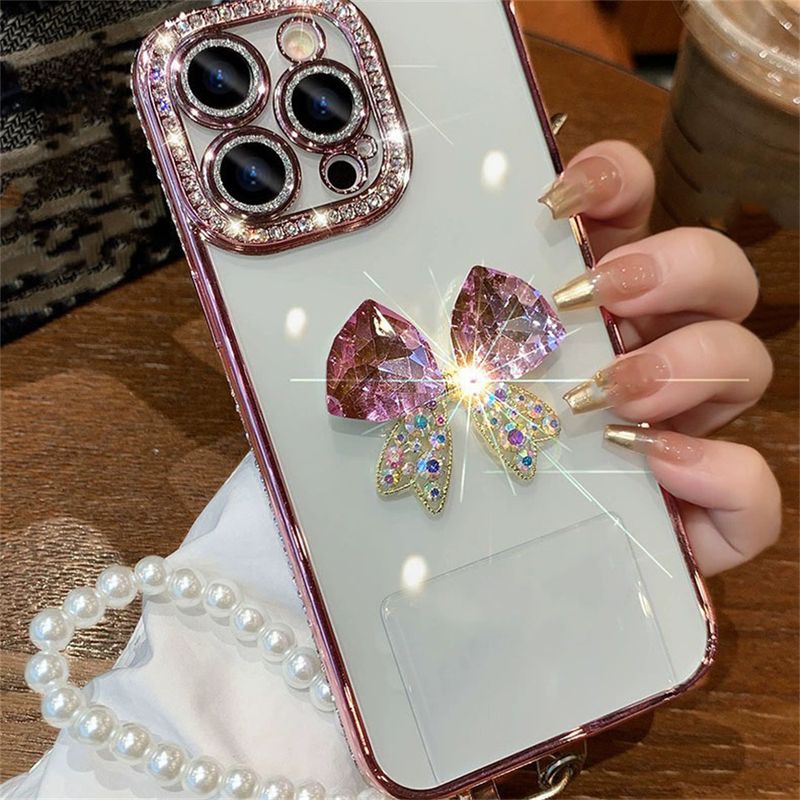 Luxus-Plating-Rand 3D-Diamant-Bogen-Perlenkettenhülle für iPhone 16 15 14 13 12 11 Pro Max X XR 7 8 Plus Stoßfeste Rückseite_voghion.com