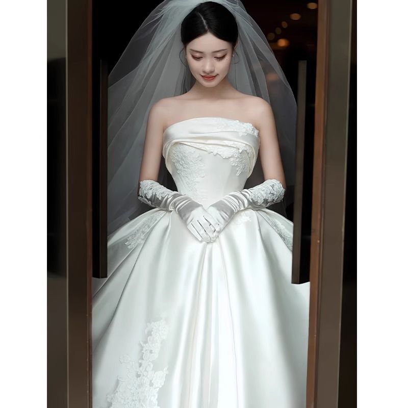 Elegant Satin Bridal Gown – Vintage Strapless A-Line Wedding Dress With Princess Sleeves & Lace Detailing – High Waist Formal Gown For Bride_voghion.com