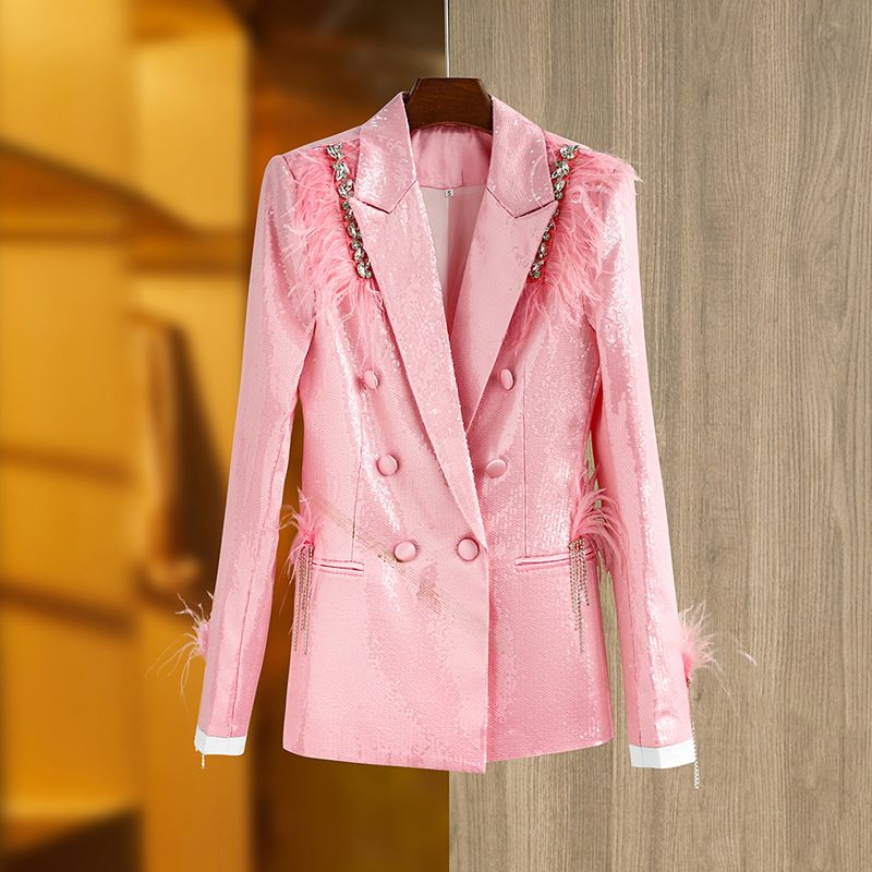 Damenbekleidung Performance Kleid Rosa Pailletten Anzugjacke Nachtclub Damen Strickjacke Bar Party Bühnenkleid_voghion.com