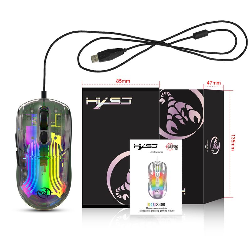 Átlátszó vezetékes gamer egér, 7 gombos makró programozással, fonott dróttal, 12800 dpi RGB háttérvilágítású e-sport egér_voghion.com