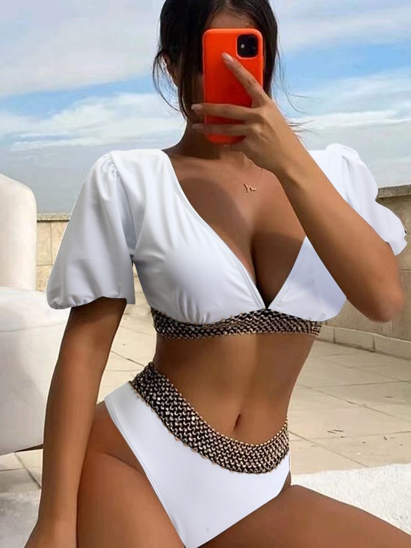 Damen Sexy Solid Faarf Héich Taille Split Bikini Dame Swimsuit _voghion.com