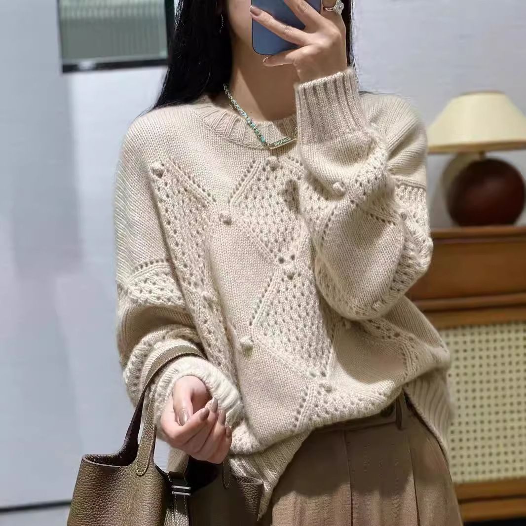 girl 2023 New High-End Round Neck Autumn Winter Women's 100% Wool Loose Lazy Top Thickened Warm Base Sweater_voghion.com
