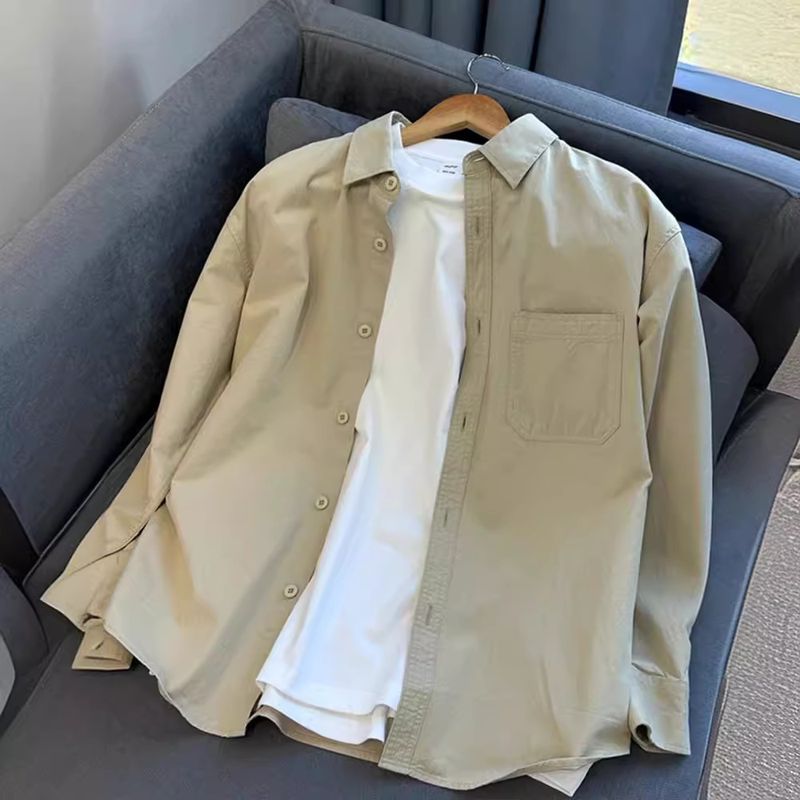 New khaki pure cotton workwear shirt for men in spring, trendy retro style, casual long sleeved shirt with outerwear_voghion.com