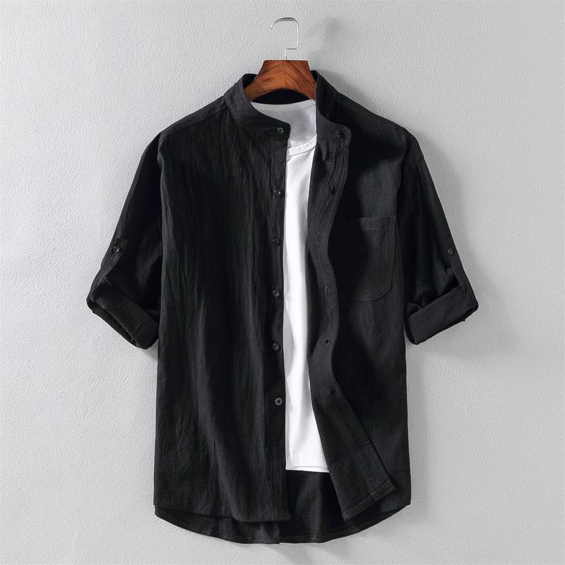 Men's 2024 Spring Stand Collar Cotton And Linen Mid-Sleeve Shirt Trendy Men's Linen Loose Three-Quarter Sleeve Large Size Solid Color Shirt For Men_voghion.com