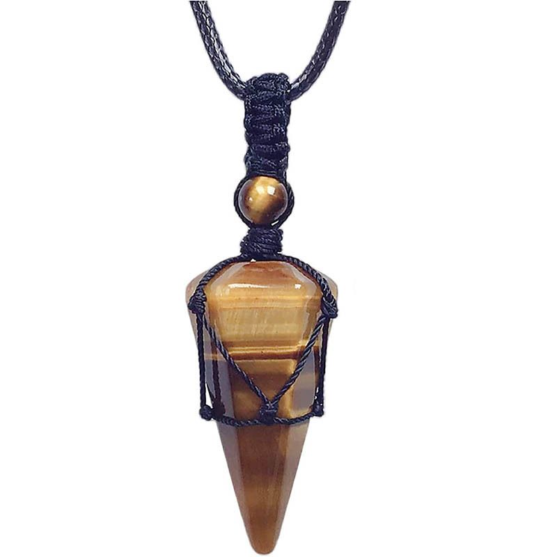 Hand-Woven Hexagonal Crystal Pendant Necklace - Natural Stone Cone With Adjustable Net Pocket & Pendulum Design​_voghion.com